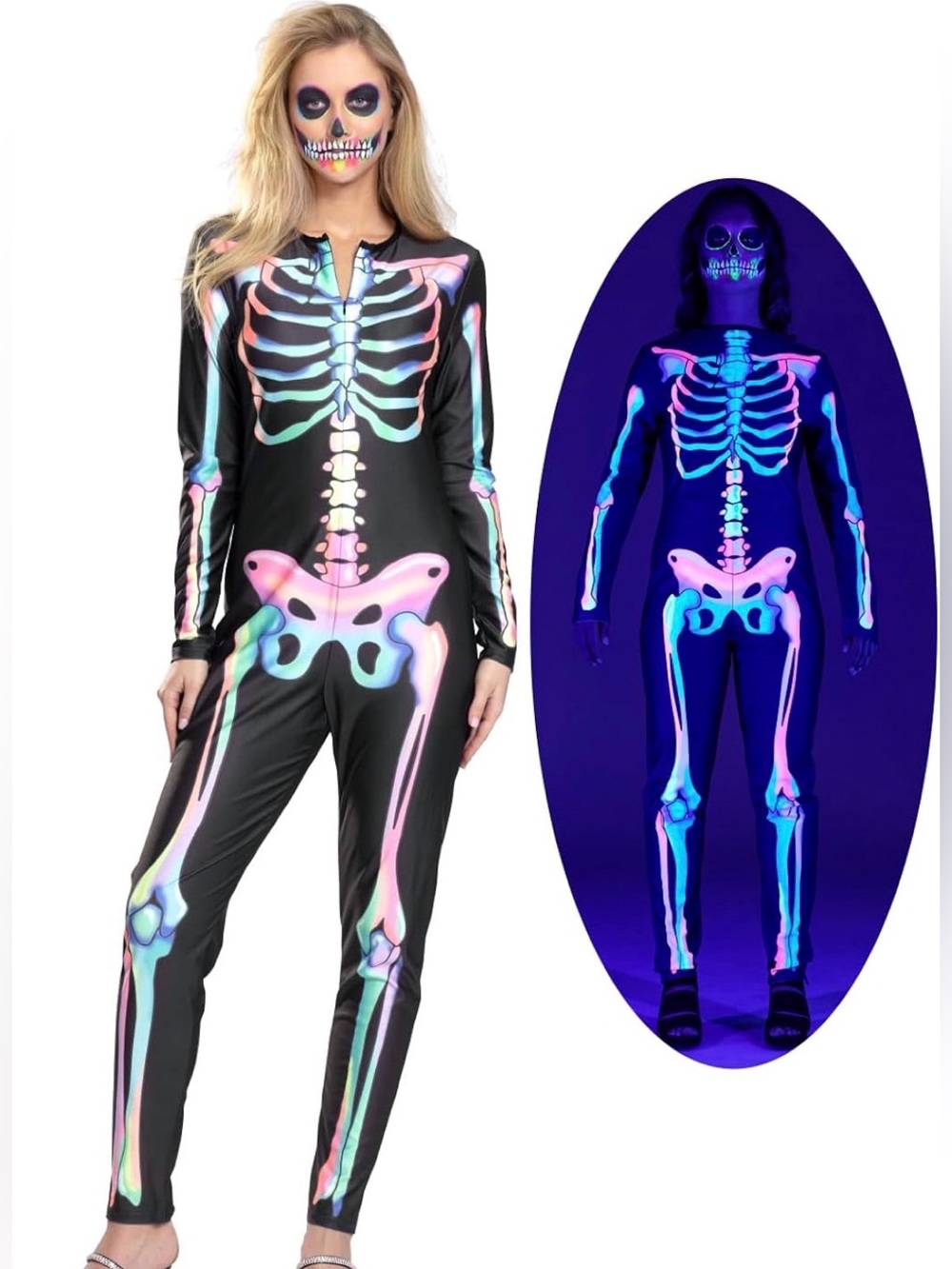 Women's Halloween Skeleton Costume, Double-Sided Colourful Pattern, Medium